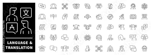 Translation line icons set shows tools and actions related to multilingual communication and content localization.
Various elements of interpreting, language, and global understanding.