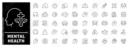 Set of 50 clean linear icons about emotional wellbeing, therapy, stress management, and mindfulness.