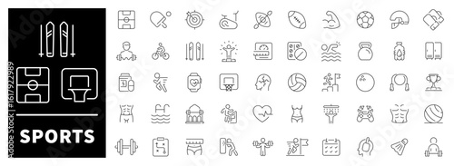 Sports equipment, activities, games, and fitness symbols set of 50 linear icons