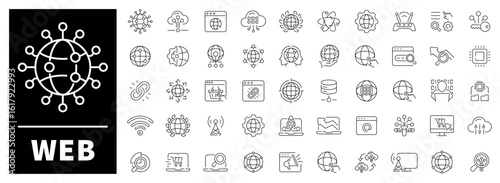 Web interface, hosting, domains, browsing, and web tools set of 50 linear icons