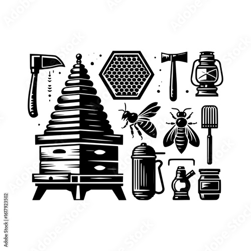 Vintage beekeeping tools and honeycomb illustration set