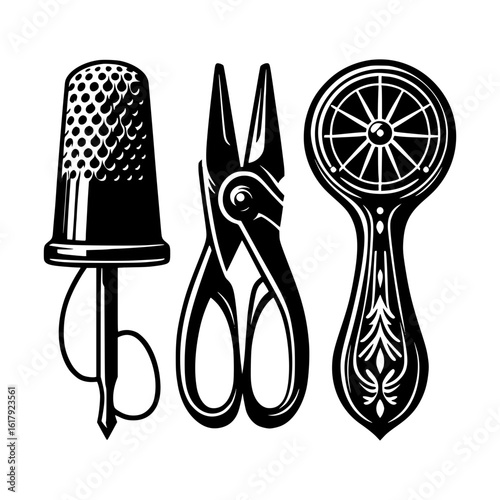Vintage sewing tools collection featuring thimble scissors and seam ripper