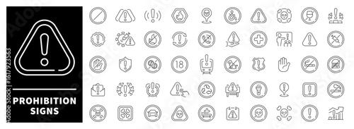 Warning circles with crossed-out actions or objects designed in universal linear style. Clean visual set of 50 line icons for restrictions and prohibition messages
