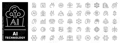  Artificial intelligence vector icons. Set of 50 linear icons related to artificial intelligence. Ai technology icons.