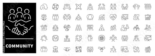 Community vector icon set. Set of 50 line icons related to community and society. People, hands, hearts, cooperation, and social connections drawn in unifying minimalist style
