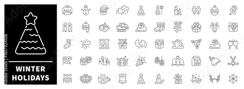 Snowflakes, gifts, trees, decorations, and festive elements designed in seasonal linework. Cheerful set of 50 outline icons dedicated to winter holidays and celebrations
