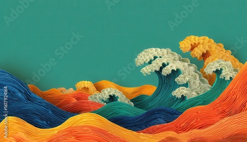Colorful paper waves on teal background