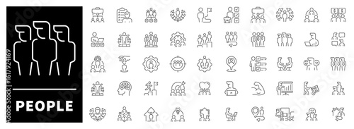 Human roles, faces, professions, and personal avatars reflecting diverse characters and social identities. Universal set of 50 linear icons centered on people and individuality