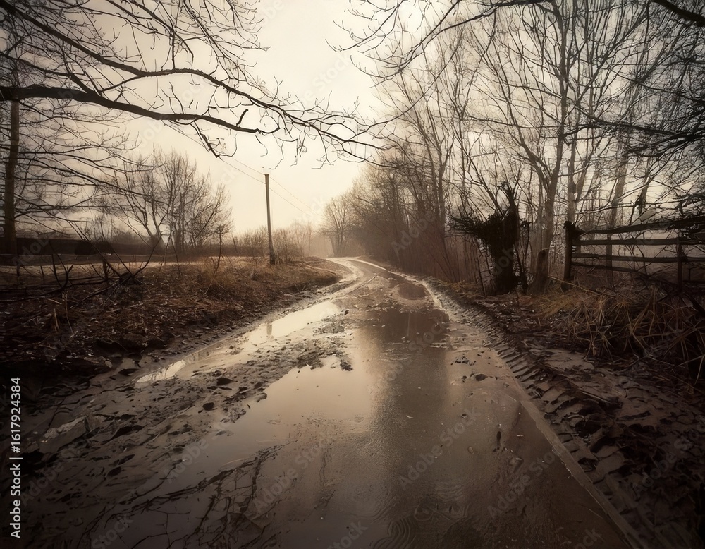 Obraz premium Cold winter road through a snowy forest, enveloped in a misty, frosted landscape
