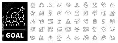 Targets, checkmarks, bullseyes, stairs, medals, and trophies representing achievement and ambition. Motivational set of 50 outline icons about goals and personal success