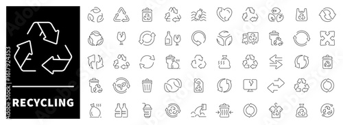 Bins, arrows, eco signs, reuse icons, and sustainability graphics with a clean environmental focus. Green-minded set of 50 linear icons themed around recycling and waste reduction