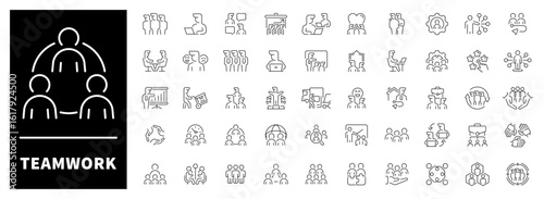 Teamwork, unity, shared goals, and mutual effort people  symbols. Set of 50 linear icons illustrating teamwork and group cooperation
