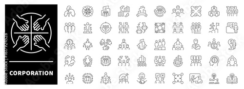 Corporate structure, leadership, business roles, and enterprise symbols crafted in a neat set of 50 linear icons