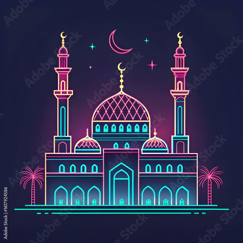 flat design mosque with futuristic neon glow
