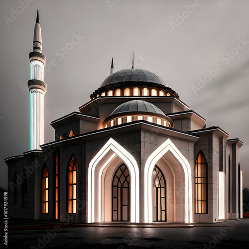 flat design mosque with futuristic neon glow