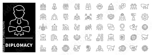 Diplomacy vector icons set. Diplomacy and negotiation symbols in a 50-icon linear diplomatic set
