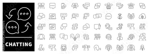 Chatting with speech bubbles and user dialogue symbols in a 50-icon linear set.