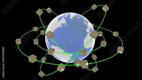 Animazione illustrazione 3D. Spedizione intorno al mondo. Pacchi ruotano attorno al globo per essere consegnati.