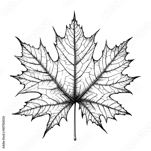 Detailed pencil sketch of a maple leaf on white background