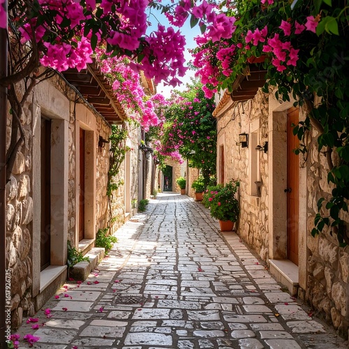 Fototapeta Naklejka Na Ścianę i Meble -  Picturesque alleyway with bougainvillea