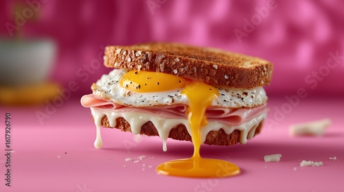 Levitating Ham and Egg Sandwich with a Runny Yolk. The bold, solid pink background provides a stark and modern contrast, making the food the undeniable focal point.

