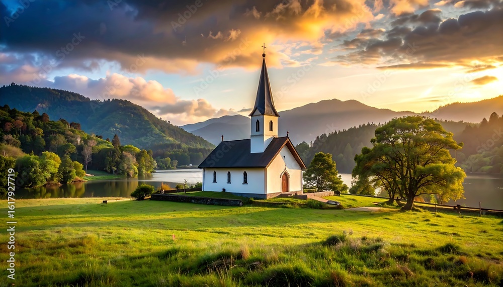 Fototapeta premium Scenic church by a lake at sunset