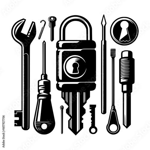 Collection of locksmith tools and security devices