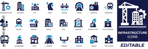 Flat icon set of public infrastructure and city elements. Includes icons for urban planning, smart cities, transport, roads, buildings, energy, and public utilities. Ideal for city apps, planning tool