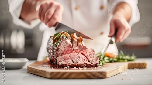 A chef expertly carving a juicy roast beef at a carving station.