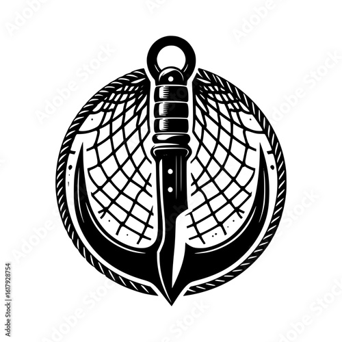 Nautical emblem with anchor fishing net and rope