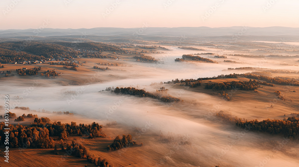 Fototapeta premium Morning fog flows over rural fields and forest hills at sunrise