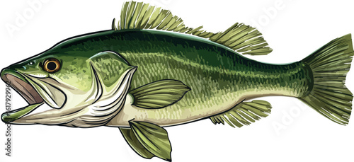 Detailed Illustration of a Largemouth Bass Fish on a White Background