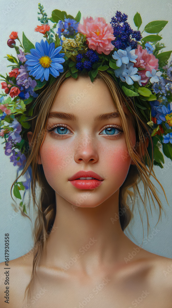 Naklejka premium Radiant Young Woman Adorned with Colorful Flower Crown for Spring Celebration Poster