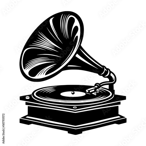 Vintage gramophone with spinning vinyl record in black and white illustration