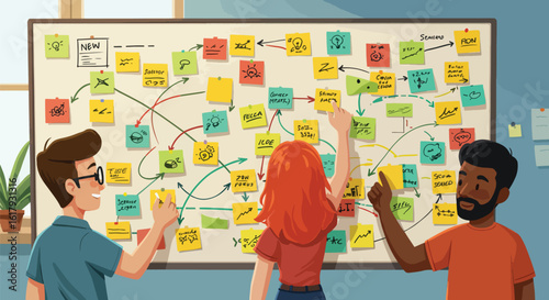 Brainstorming Session with Diverse Team Using Sticky Notes and a Whiteboard