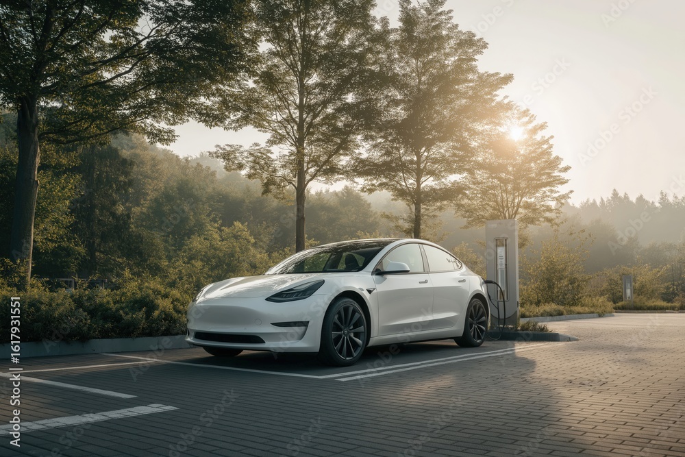 Fototapeta premium Sleek White Electric Car Charging at Sunset in a Lush Green Forest