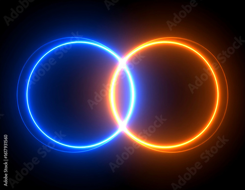 Two glowing neon circles in blue and orange lightly overlap on a black backdrop, creating a clean and futuristic visual of balance, symmetry, and digital harmony.