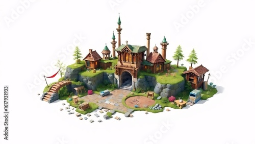 Asian architecture atop a hill features an ancient look on a castle roof overlooking a forest, blending culture with old-world charm