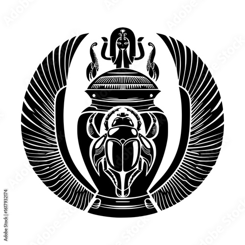 Ancient egyptian scarab beetle with wings and hieroglyphic symbol