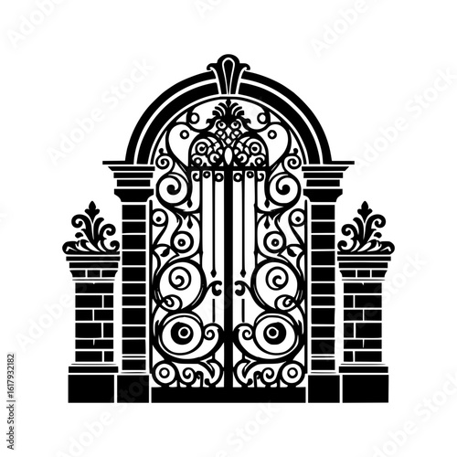 Ornate black wrought iron gate with decorative pillars and arch