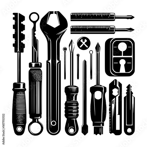 Collection of black and white vintage hand tools and locksmith supplies
