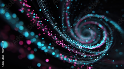 Energetic data visualization with vibrant cyan streaks and magenta particles in a cinematic spiral, perfect for digital marketing and motion design projects