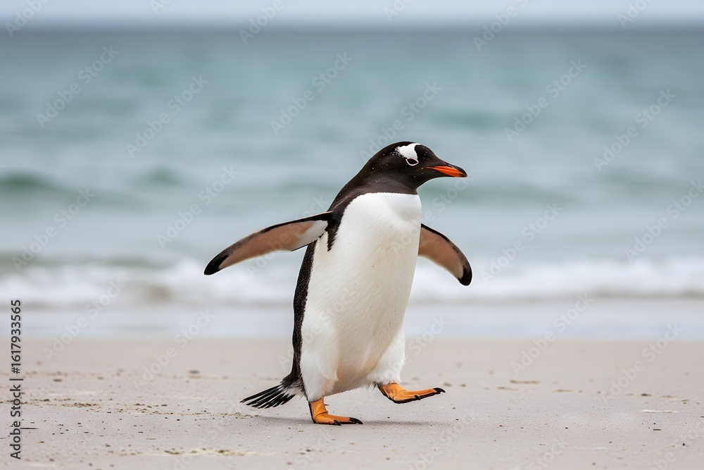 Naklejka premium wings outstretched and one leg raised. penguin has a black head, white belly, orange feet. King Penguin Aptenodytes patagonicus Chicks in Creche in the rain.a Gentoo penguin standing on a sandy beach,