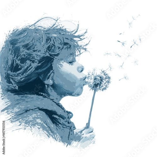A child blowing a dandelion, the seeds flying away gently, drawn in dreamy light strokes with soft crayon detail, isolated on white