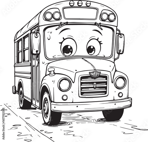 Cartoon School Bus in Road: A cheerful cartoon school bus with a friendly expression, rolling along a sketched road with big eyes.