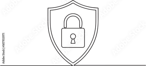 continuous one line drawing of a shield and padlock symbolizing security and protection on a white background