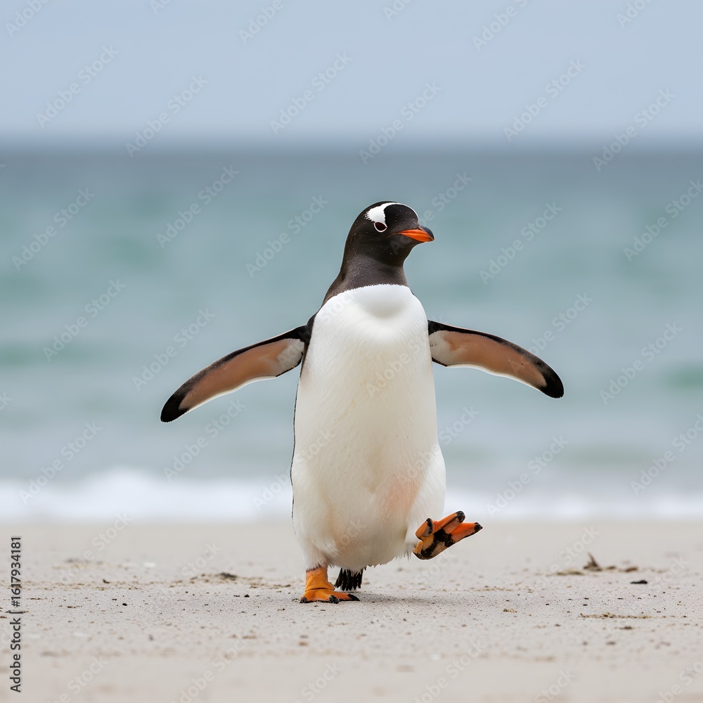 Fototapeta premium wings outstretched and one leg raised. penguin has a black head, white belly, orange feet. King Penguin Aptenodytes patagonicus Chicks in Creche in the rain.a Gentoo penguin standing on a sandy beach,