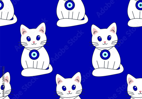 Seamless pattern with Angora white cat with Turkish evil eye. Background with greek evil eye. Symbol of protection in Turkey, Greese, Cyprus. Amulet from evil eye. Nazar. Magic item, attribute
