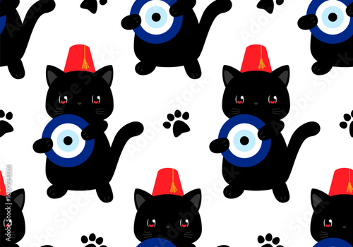 Seamless pattern with Turkish cute cat wearing Turkish red fez. Turkish Evil eye sign. Turkish-themed design, travel content, souvenir. Symbol of Turkey, Istanbul