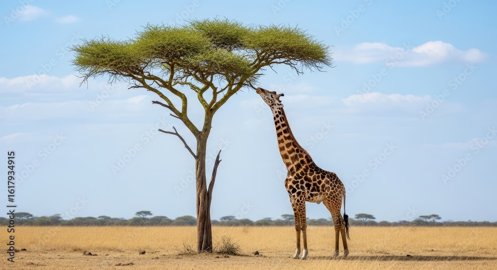 Obraz premium Giraffe standing tall beside acacia tree